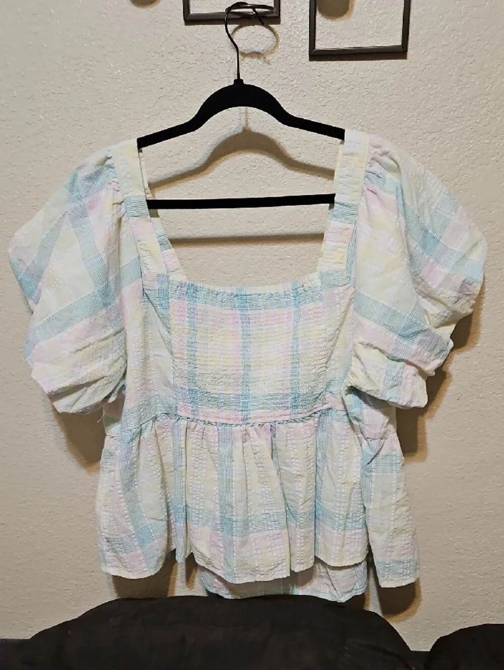 Old Navy Pastel Plaid Peplum Top in Yellow, Pink, Mint & Light Blue